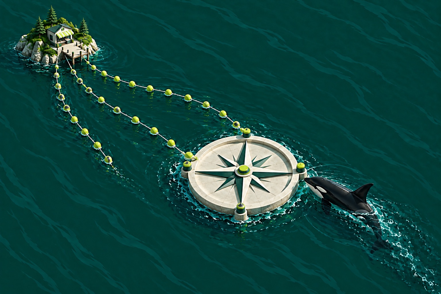 An orca navigating by a floating maritime compass