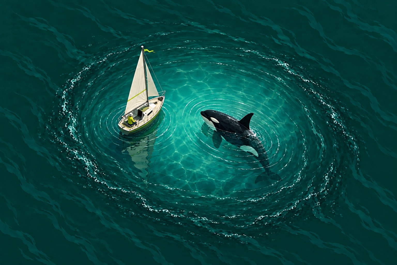An orca and sailboat sharing a quiet turquoise lagoon