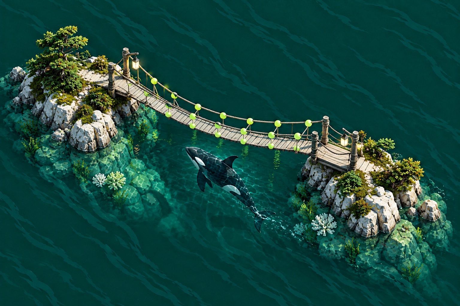 An orca below a rope bridge connecting two coastal islands