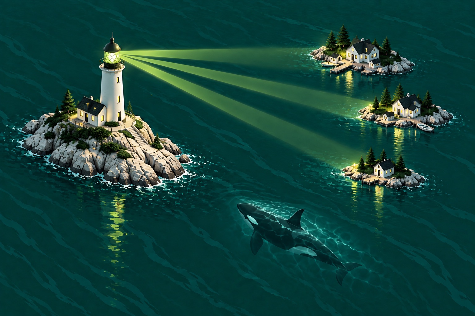 An orca on watch near a lighthouse and illuminated island homes