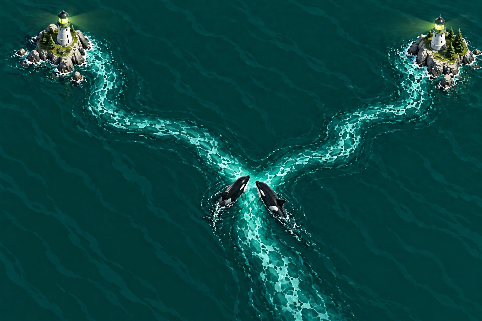 Orcas meeting where two currents cross between lighthouse islands