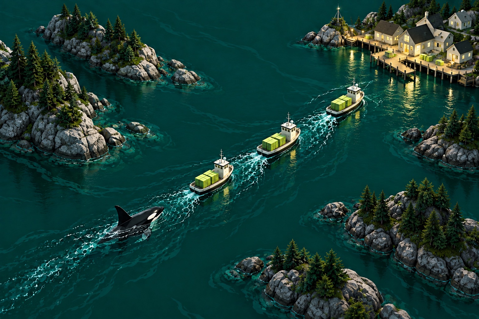 An orca guiding small cargo boats toward a harbor