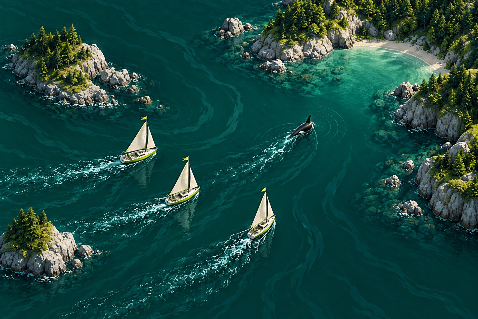 Three sailing boats and an orca arrive at one sheltered harbor