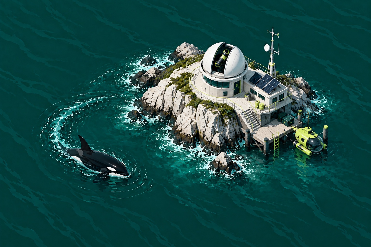 An orca circling an ocean observatory and research submarine