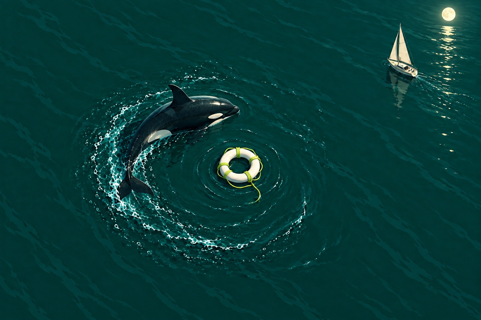 An orca beside a life ring on a calm moonlit ocean