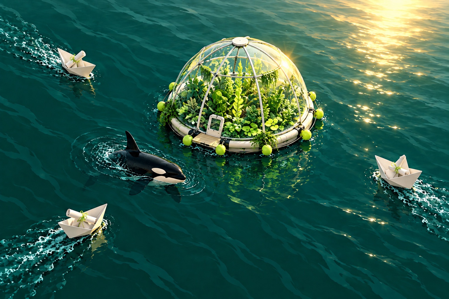 An orca beside a floating greenhouse, with message boats arriving