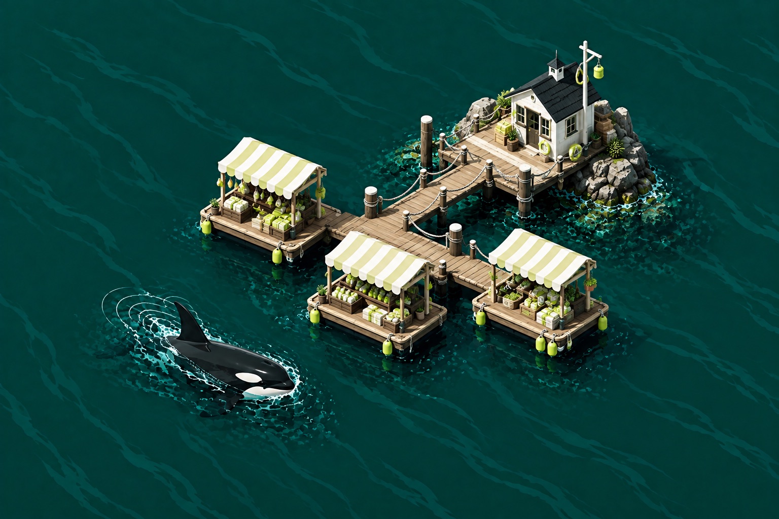 An orca visiting a little archipelago of floating boutiques