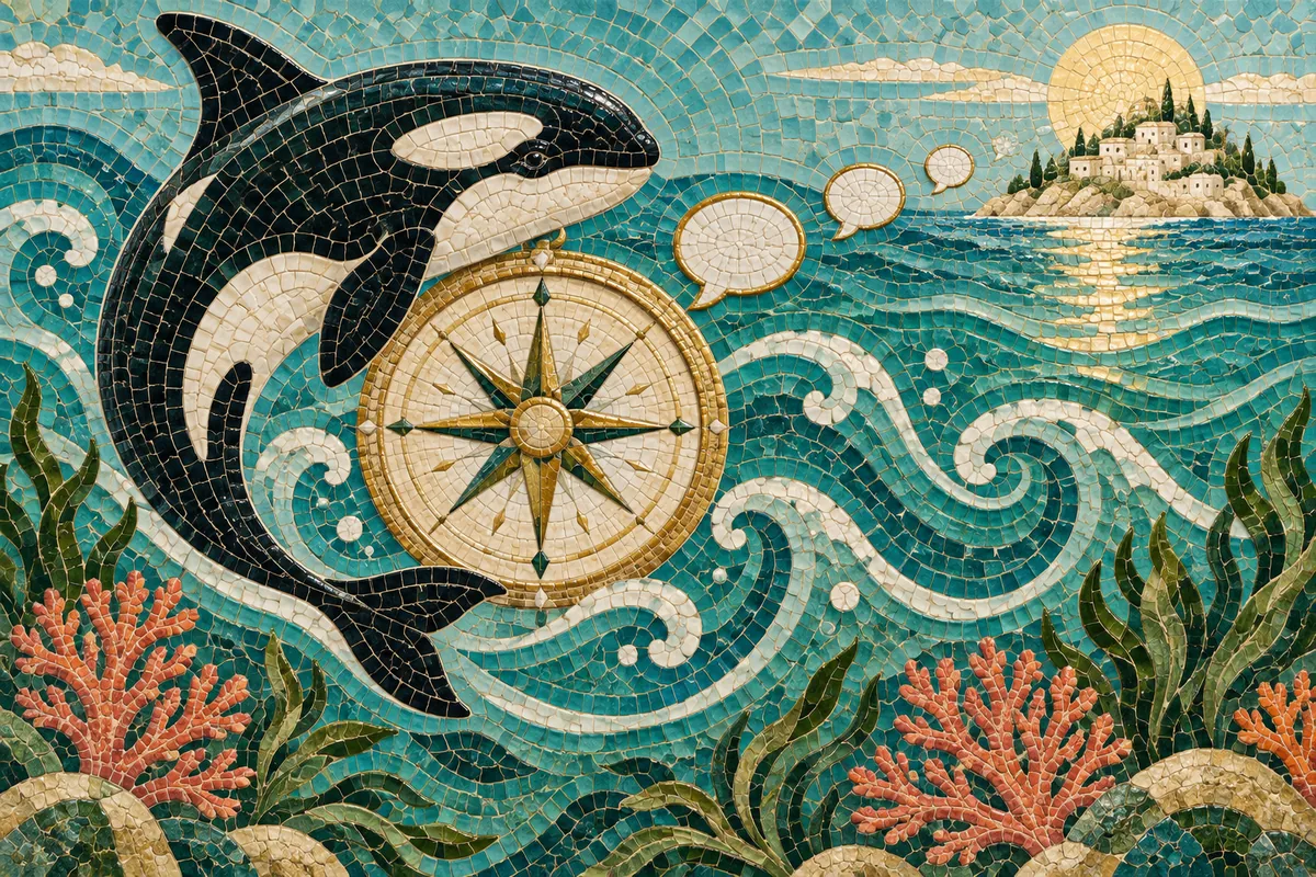 An orca navigating by a floating maritime compass