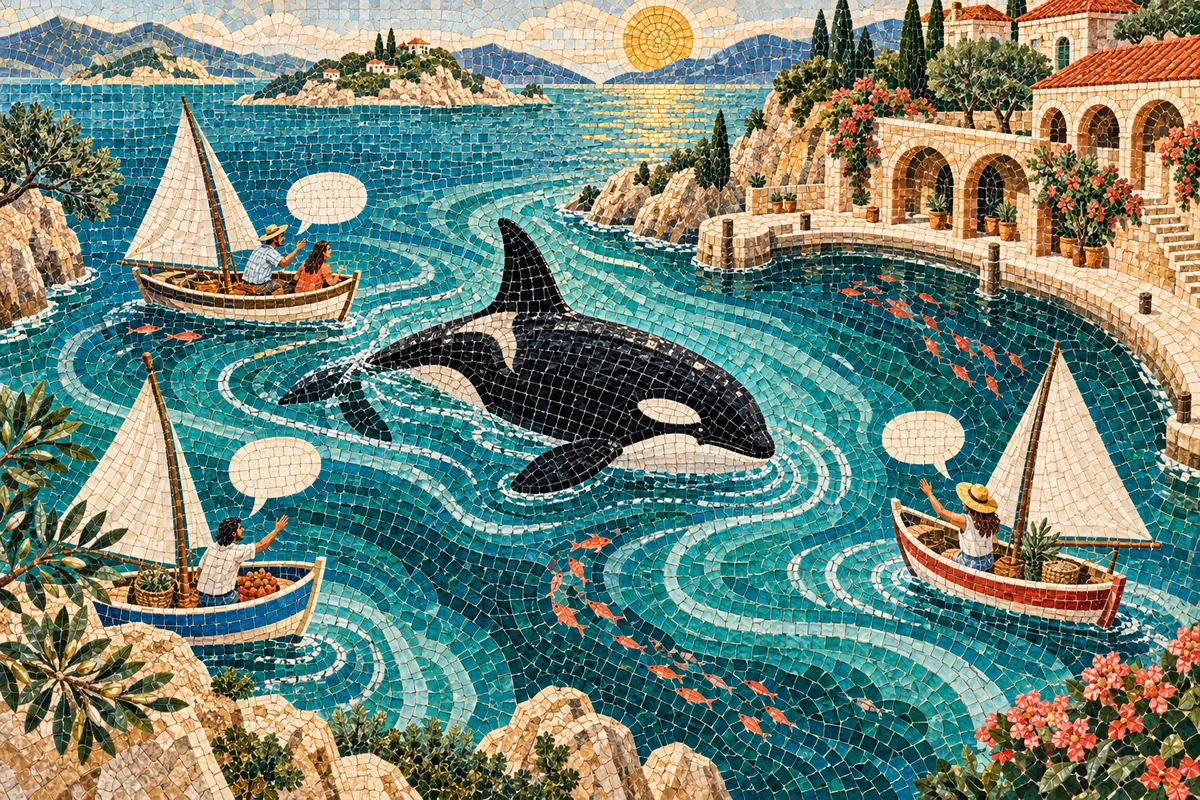 Three sailing boats and an orca arrive at one sheltered harbor