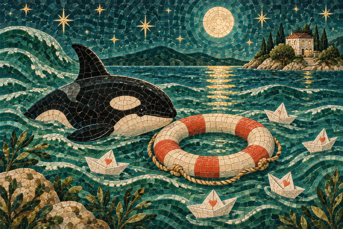 An orca beside a life ring on a calm moonlit ocean