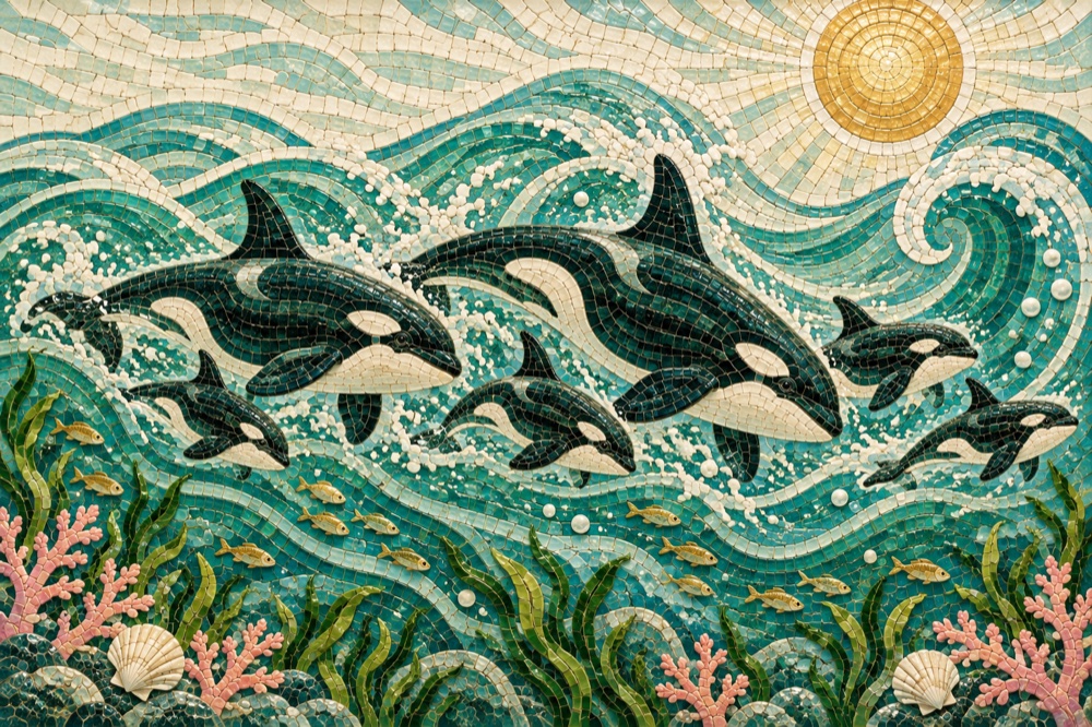 A whole family of orcas, moving as one, in ceramic mosaic