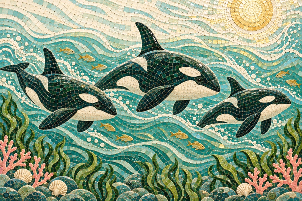 Three orcas swimming together, in ceramic mosaic
