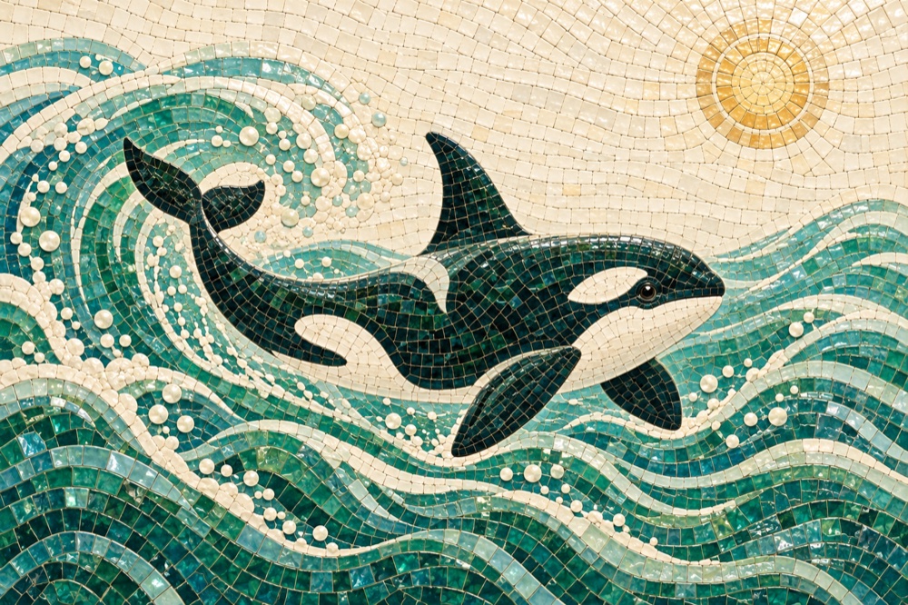 One orca finding its own current, in ceramic mosaic