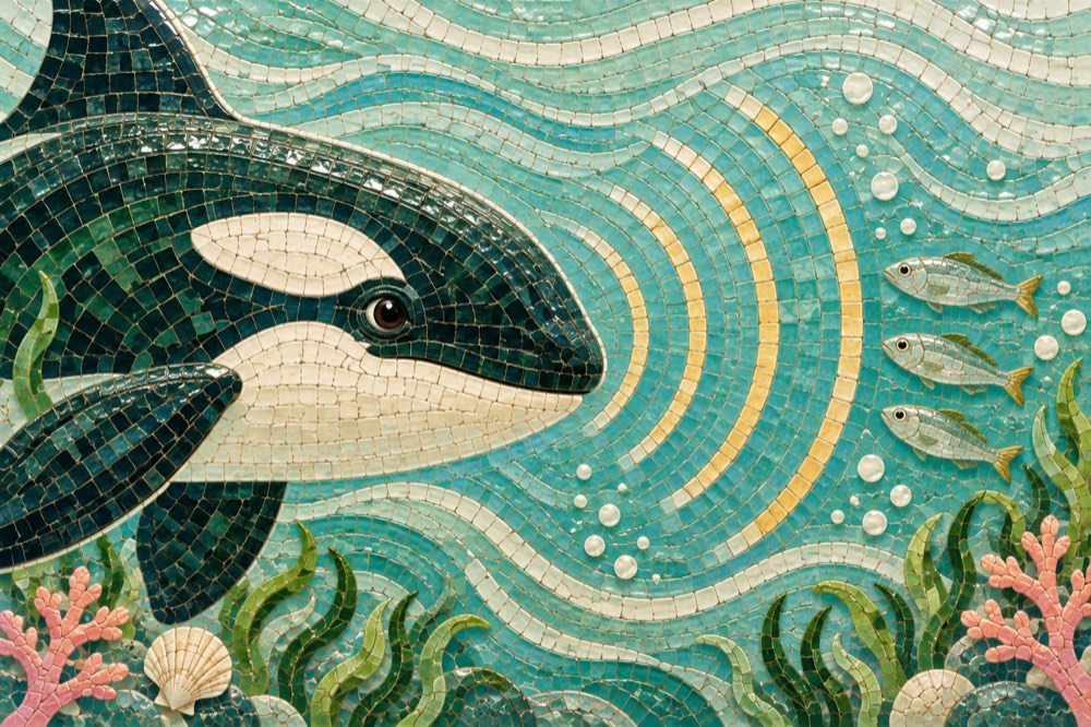 An orca sensing its surroundings in a jade ceramic mosaic
