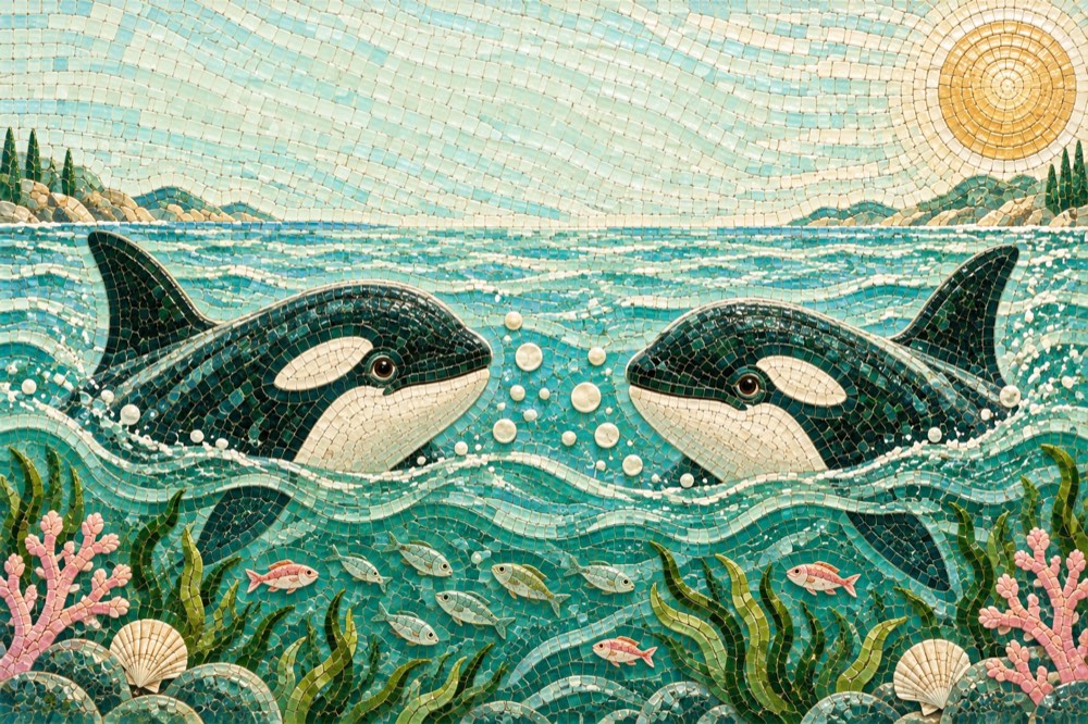 Two orcas rising out of the water to talk to each other