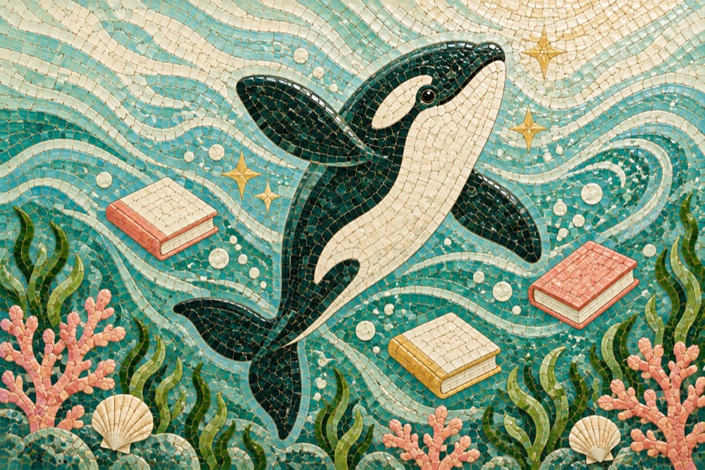 A dancing orca with help guides, made from ceramic tiles