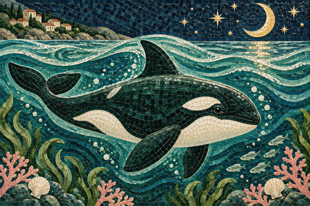 A watchful orca beneath the moon, in ceramic mosaic