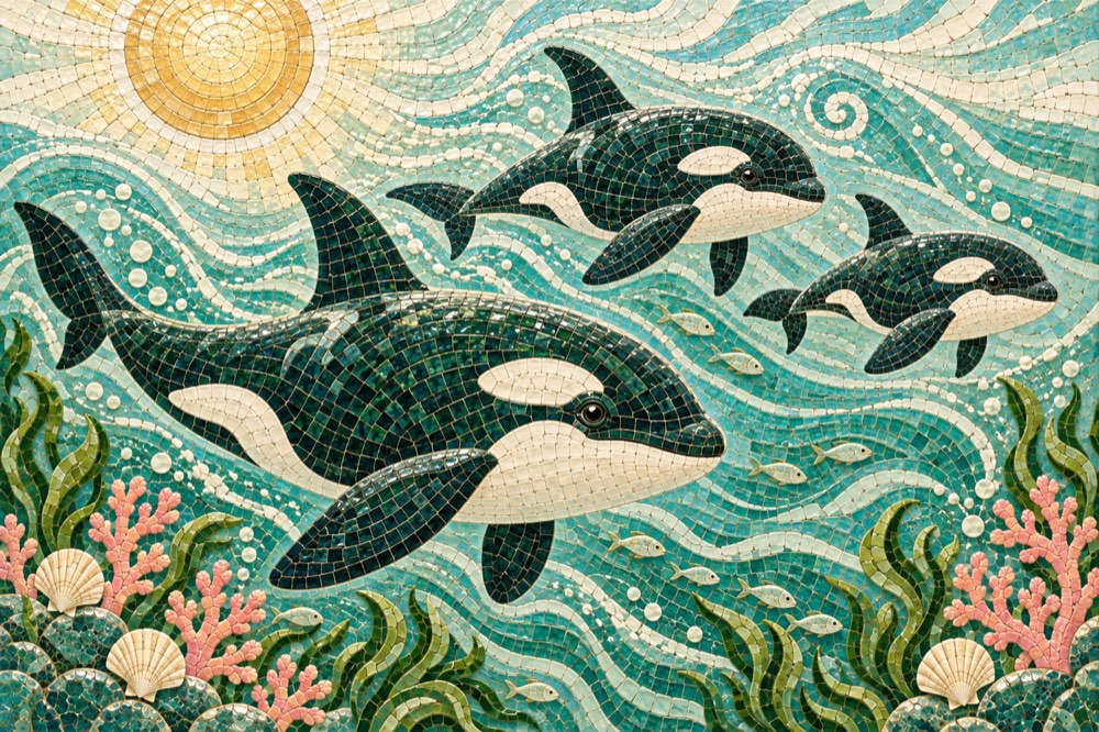 A ceramic mosaic of three orcas swimming together
