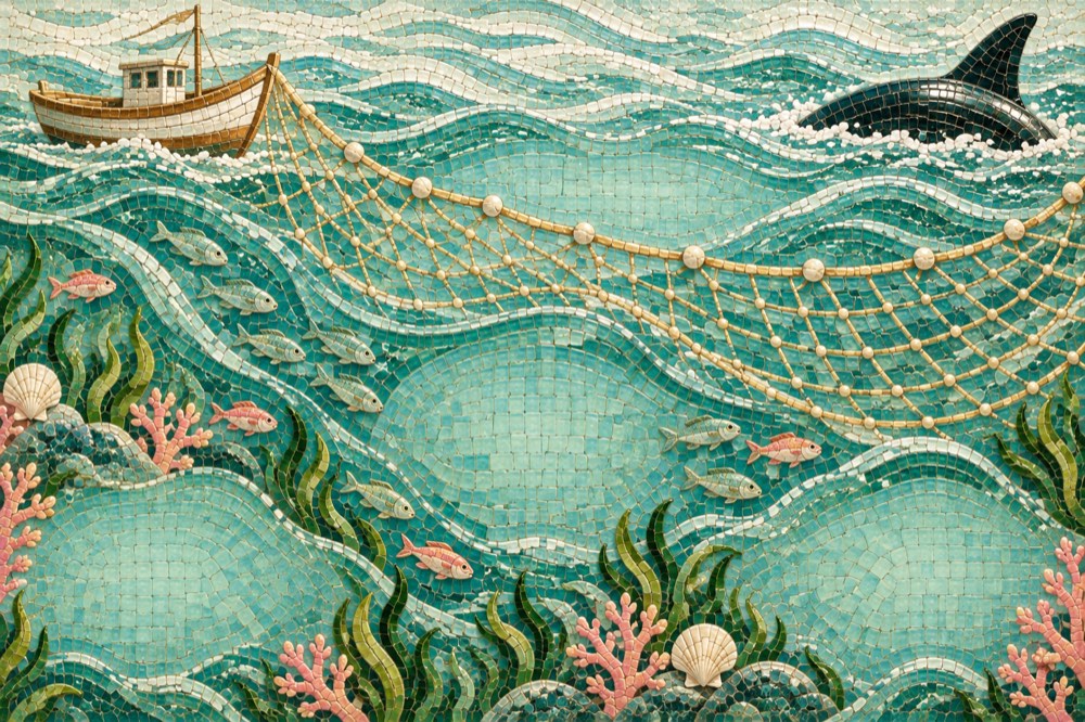 Only an orca’s curved back and dorsal fin emerge from the ocean behind a wide fishing net