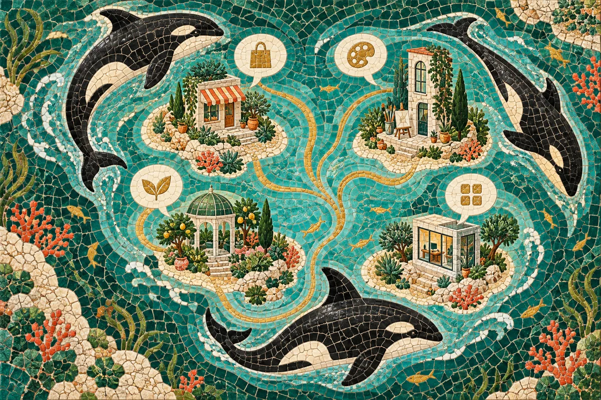 Ceramic mosaic of a pod of orcas connecting four distinct client islands.