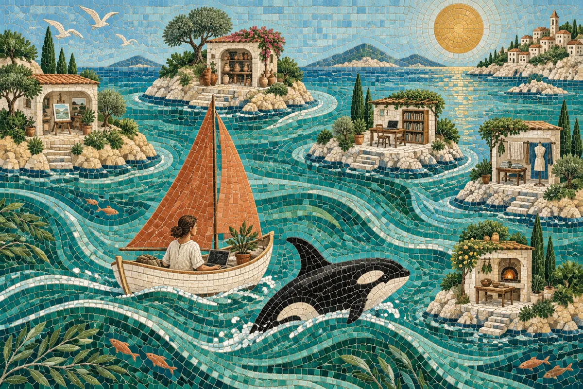 An orca in a handcrafted ocean mosaic
