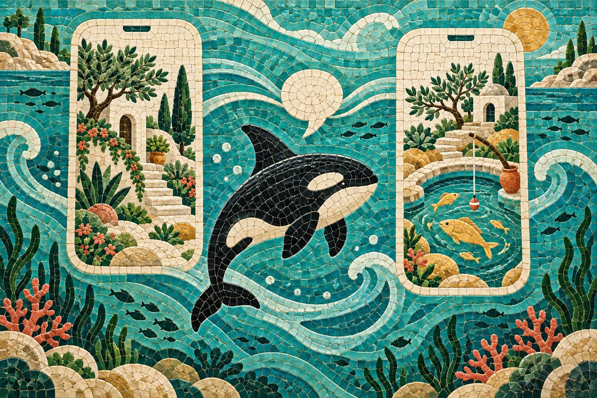 Ceramic mosaic of an orca connecting a garden app and a fishing app on phone-shaped islands.