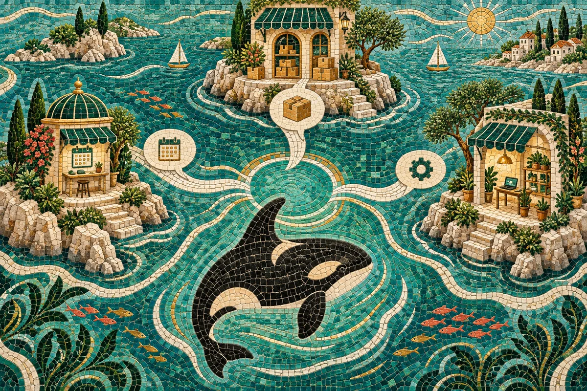 Ceramic mosaic of an orca linking booking, download and app-workshop islands.