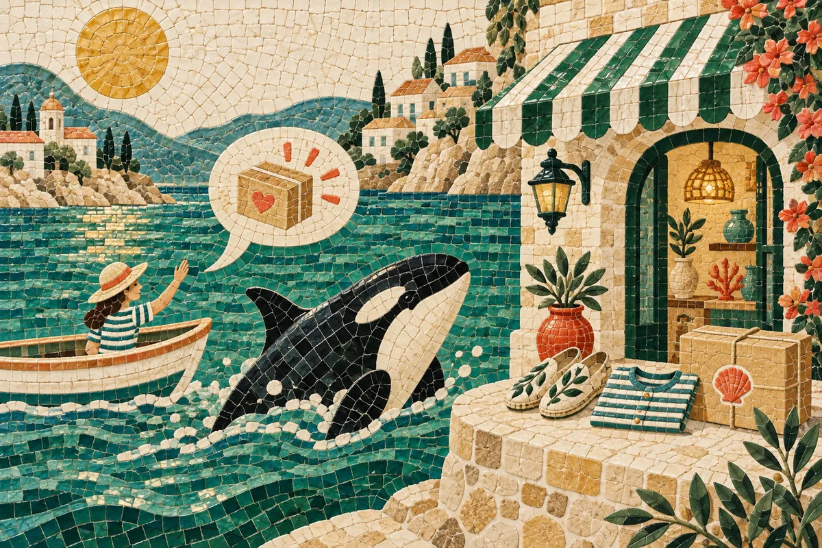 Ceramic mosaic of an orca beside a coastal shop, with a parcel and a customer’s message boat.