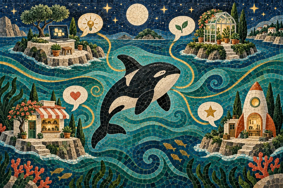 Ceramic mosaic of an orca alongside a collection of digital projects