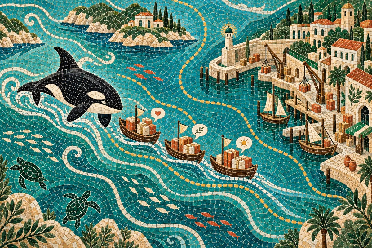 An orca guiding small cargo boats toward a harbor