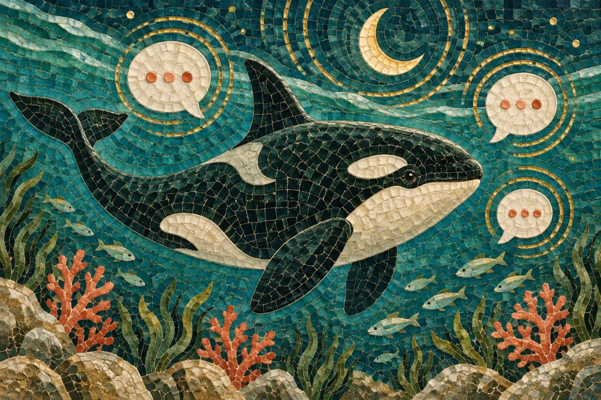 An orca watches conversations beneath a crescent moon in a sea mosaic