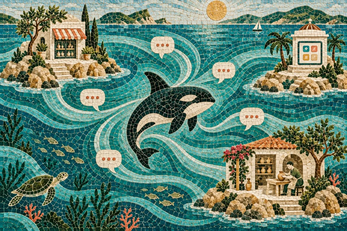 Product islands connected by currents around an orca in a sea mosaic