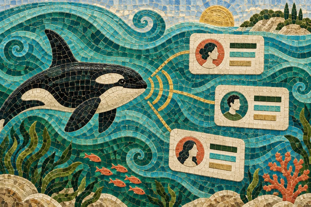 An ocean ceramic mosaic illustrating connected tools and visitor context