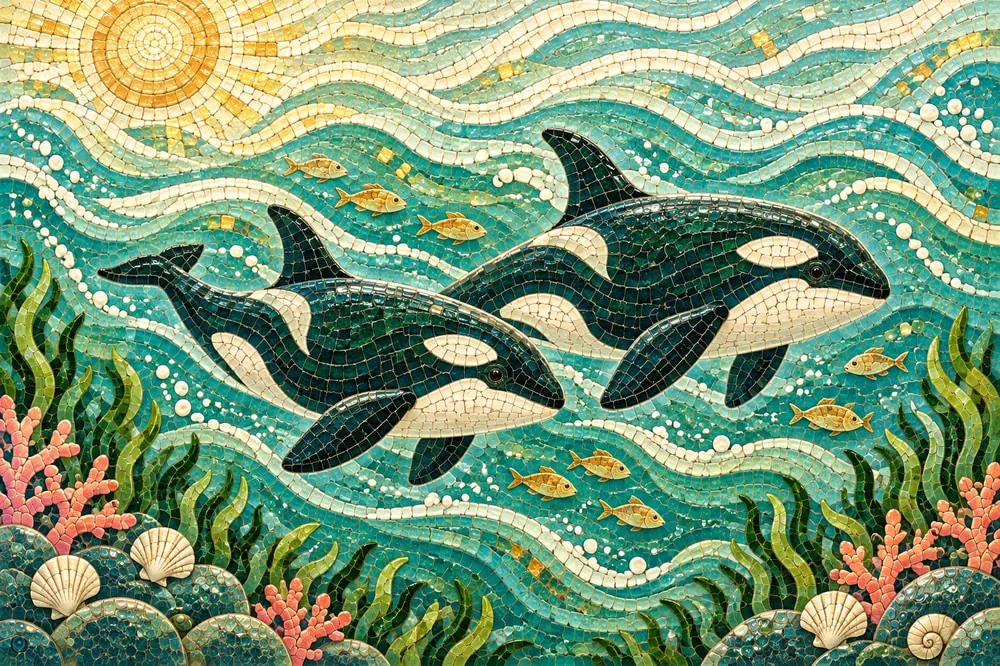 Two orcas sharing the current, in ceramic mosaic
