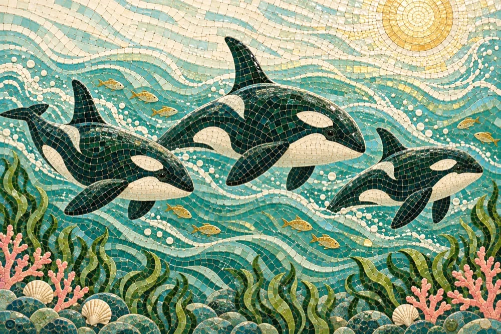 Three orcas swimming together, in ceramic mosaic