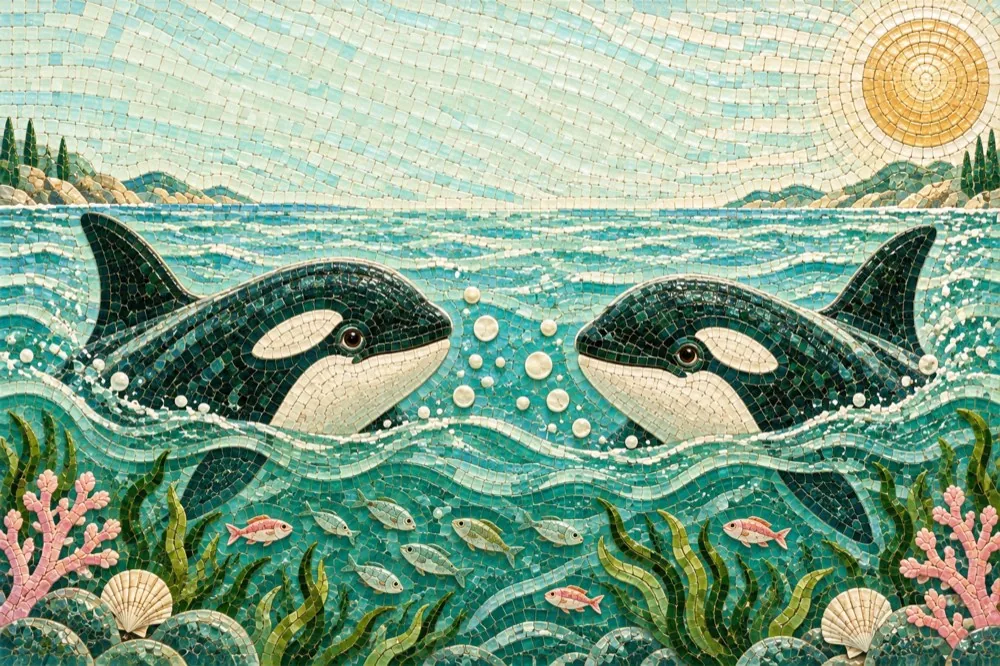 Two orcas rising out of the water to talk to each other